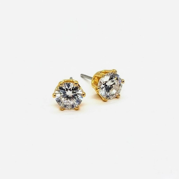 Vintage Glamour • Classic 6 Prong Round Simulated Diamond Studs • 14K Gold Ovrly - Picture 2 of 2